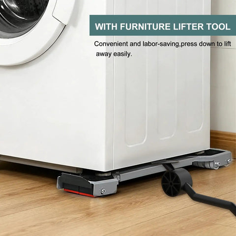 Heavy Duty Appliance Rollers With Extendable Sliders Swivel Wheels Anti Slip Feet For Moving Washers Dryers Furniture Refrigerators Base Stand Lever Tool Easy Mobility shown under a washing machine.