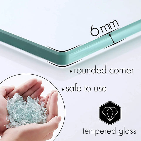 6mm tempered glass detail from Stainless Steel Glass Bathroom Shelf 1 Tier Wall Mount Brushed Finish Rustproof, showing rounded corner
