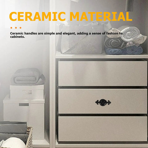 Dope Ceramic Cabinet Knobs Set For Vintage Dresser Hardware In Black Matte shown on white drawers with back plates included
