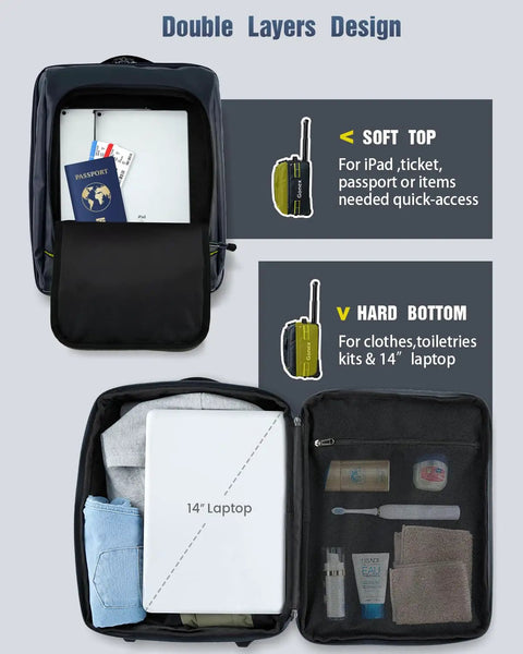 Open Underseat Carry On Luggage With Wheels 16 Inch 30L Waterproof PVC Weekender Bag showing organized double layers for essentials.