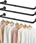 Built Like A Tank Wall Mounted Clothes Rack 3 Pack Black Industrial Pipe Garment Rail showcasing hangers with various garments.