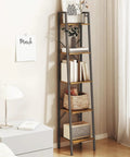 Rustic Brown Ladder Shelf Corner Bookcase Industrial Style Freestanding Multipurpose Display Rack For Books Plants And Cozy Home Setup With Heavy Duty Frame in corner with plants and books.