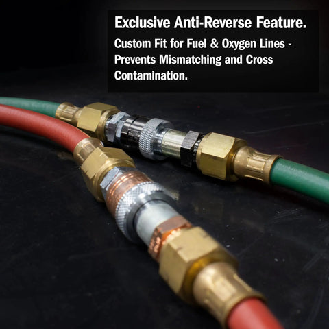 Close-up of Oxy-Fuel Quick Connect Hose To Hose Coupler Set with anti-reverse feature, gold fittings, and red, green hoses on black surface.