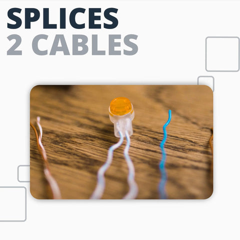 Close-up of orange Presslok splice terminal with white and blue wires on wood surface