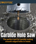 Heavy Duty 3 Inch Tungsten Carbide Hole Saw Set With Titanium Pilot Bit For Zero Burrs On Stainless Steel Iron Wood And Plastic Knockout Cuts That Slide Right Through No Sweat Guaranteed, showing close-up of carbide hole saw in action on metal.