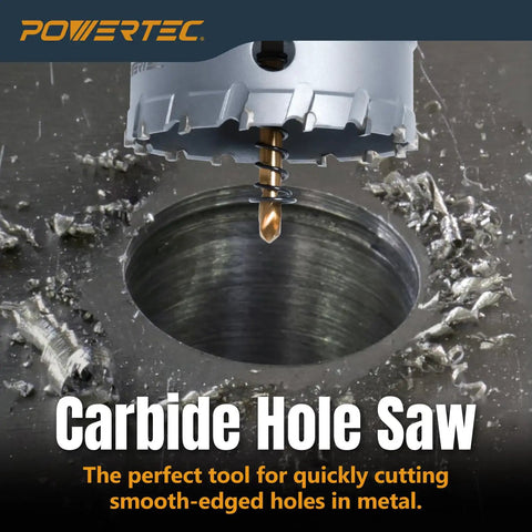 Heavy Duty 3 Inch Tungsten Carbide Hole Saw Set With Titanium Pilot Bit For Zero Burrs On Stainless Steel Iron Wood And Plastic Knockout Cuts That Slide Right Through No Sweat Guaranteed, showing close-up of carbide hole saw in action on metal.