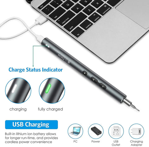 28 In 1 Cordless Electric Screwdriver Kit With 24 Bits connected to laptop USB for charging