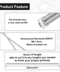 250mm M6 1.0 Threaded Rods 304 Stainless Steel Right Hand Fully Threaded Screw Rods diagram and features