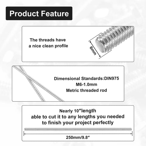 250mm M6 1.0 Threaded Rods 304 Stainless Steel Right Hand Fully Threaded Screw Rods diagram and features