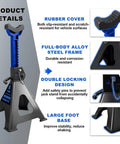 Heavy Duty 6 Ton Jack Stands With Double Pin Locking And Rubber Tops Large Foot Base 15 To 23 Inch Adjustable Height Ideal For Cars Trucks Buses RVs SUVs MPVs Pickups ATVs UTVs Blue 1 Pair with features highlighted like rubber cover, alloy steel frame, double locking, and large foot base.