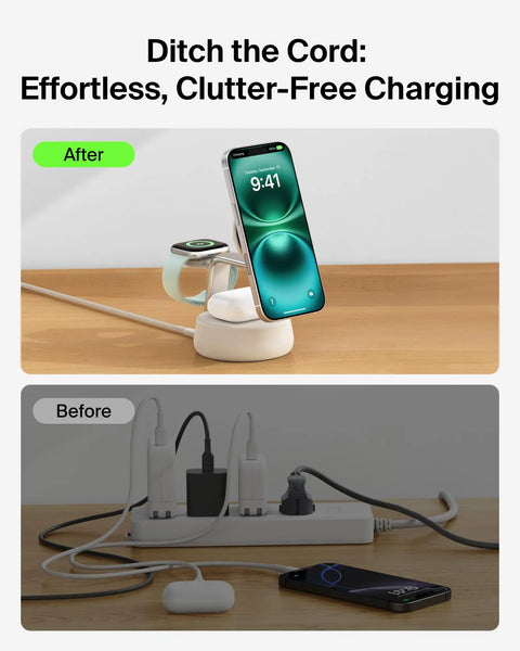 MagSafe 3 In 1 Charging Station With Qi2.2 25W Fast Wireless Charger and Cooling Fan showing clutter-free charging setup