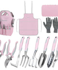 Pink 12 Piece Garden Tool Set With Aluminum Hand Tools Non Slip Handles Includes Kneeling Pad Apron Gloves And Organizer Bag A Cool Gift For Women And Garden Enthusiasts