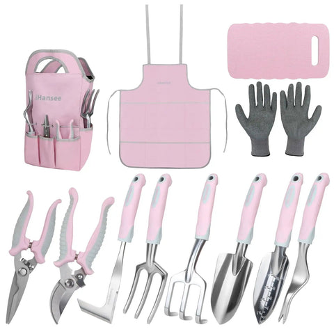 Pink 12 Piece Garden Tool Set With Aluminum Hand Tools Non Slip Handles Includes Kneeling Pad Apron Gloves And Organizer Bag A Cool Gift For Women And Garden Enthusiasts