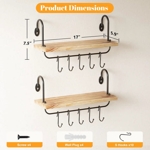 Legit Pine Wood Floating Wall Shelves With Ten Adjustable Mug Hooks For Your Best Coffee Bar Setup Yet, dimensions 5.9 x 17 inches.
