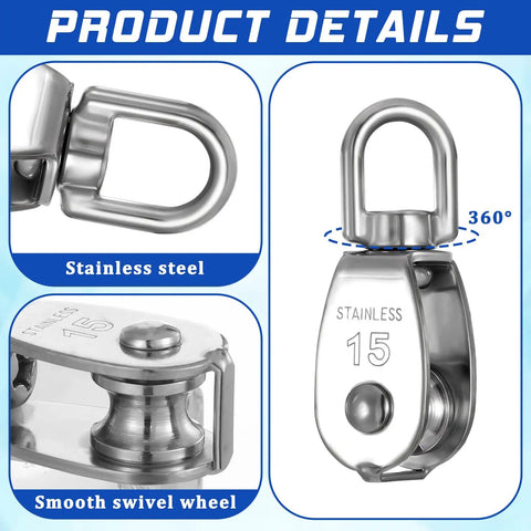 Heavy Duty 304 Stainless Steel Rope Pulley Set 16 Pack M15 Small Swivel Pulleys For Lifting And Towing Durable Wire Cable Wheel For Indoor Outdoor Clothesline And Rigging, 360 swivel