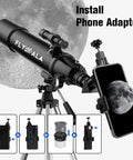 Beginner Astronomy Telescope For Kids And Adults With 80mm Aperture And 600mm Focal Length High Powered Refractor 30X To 750X Magnification Fully Coated Optics Portable And Stable For Awesome Moon And Stars Gazing with phone adapter installation guide