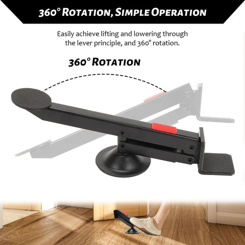 Professional Grade Hefty Swivel Door Panel Installer Cabinet Jack Lifter Tool Handles No Sweat Up To 220 Pounds Load Capacity For Shop Use showing 360-degree rotation lever