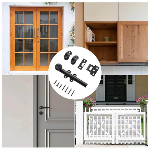 Collage of Oil Rubbed Bronze 6 Inch Dutch Door Bolt and Latch for various doors and fences