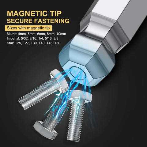 27-Piece Magnetic Allen Wrench Set With Extra-Long Ball End Hex Keys S2 Steel SAE Metric And Torx Keys showing magnetic tip with bolts.