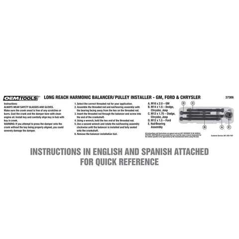 Long Reach Harmonic Balancer And Pulley Installer Kit instructions in English and Spanish for Ford GM Dodge Chrysler engines