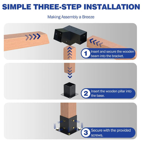 Beefed Up Three Way 15 Degree Slanted Roof Pergola Bracket Set For Backyard Gazebo Powder Coated Wall Mount Brackets Fit 4x4 Posts Actual 3.5x3.5 Hardware Kit Six Pieces Black