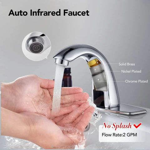 Touchless Bathroom Sink Faucet With Sensor Motion Activated Hands Free Experience In Chrome Finish, Battery Operated, 2 GPM Aerator, Temperature Valve, Deck Plate Included, Water Saving, Commercial Grade, Modern Sleek Design