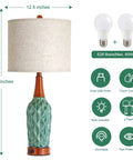 Vintage Ceramic Table Lamps Set Of 2 For Your Living Room And Bedroom Teal MCM Style Nightstand Lamps With USB Port 3 Way Dimmable Oatmeal Linen Shade Bulb Included with dimensions and features.