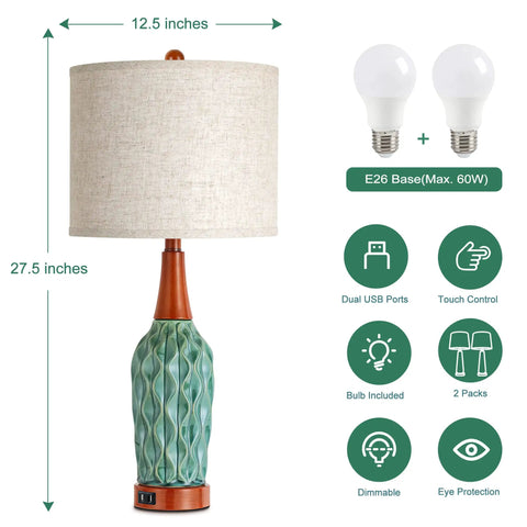 Vintage Ceramic Table Lamps Set Of 2 For Your Living Room And Bedroom Teal MCM Style Nightstand Lamps With USB Port 3 Way Dimmable Oatmeal Linen Shade Bulb Included with dimensions and features.