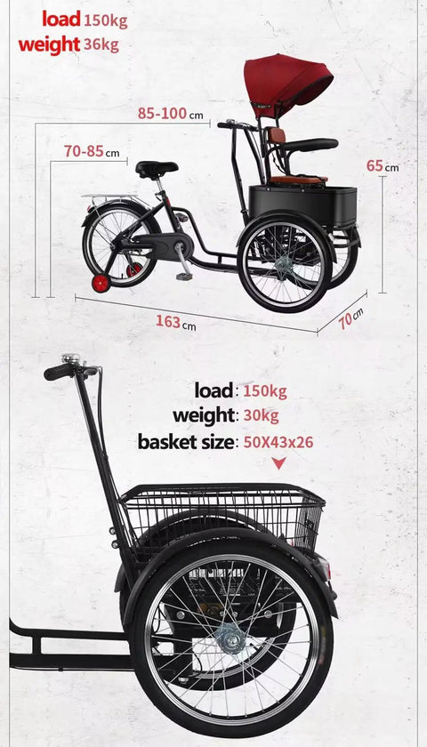 Three Wheel Pedal Tricycle With Detachable Training Wheels, Front Seat Tandem Trike, Dual Brakes, Canopy And Guardrail design
