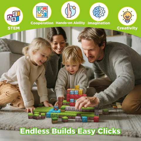 Family playing with Magnetic Blocks Kit For Kids 100 Piece STEM Montessori Building Tiles Set on a carpet.