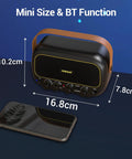 Portable 5W Mini Guitar Amplifier For Electric Guitars With Dual Speakers Rechargeable Battery Bluetooth And Clean Overdrive Effects, shown with dimensions.