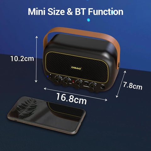 Portable 5W Mini Guitar Amplifier For Electric Guitars With Dual Speakers Rechargeable Battery Bluetooth And Clean Overdrive Effects, shown with dimensions.