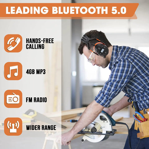 Man using Bluetooth Hearing Protection Headphones With FM Radio 29dB NRR Noise Canceling Wireless Headset at work