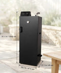 Smooth Operator Vertical Electric Smoker 1600W with digital controls shown outdoors, measuring 51.1x18.7x17.1 inches.