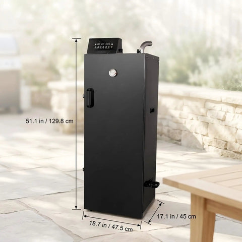 Smooth Operator Vertical Electric Smoker 1600W with digital controls shown outdoors, measuring 51.1x18.7x17.1 inches.