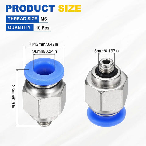 10 Pcs Push To Connect Fittings Set, Brass Straight Pneumatic Male Adapters, 0.24 Inch Tube OD, M5 Threads, Blue detail view