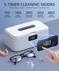50kHz Ultrasonic Jewelry Cleaner With UV Light, 24oz Stainless Steel Tank, Digital Timer with Five Cleaning Modes, cleans eyeglasses and dentures.