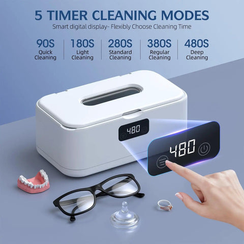 50kHz Ultrasonic Jewelry Cleaner With UV Light, 24oz Stainless Steel Tank, Digital Timer with Five Cleaning Modes, cleans eyeglasses and dentures.