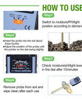 Instruction guide showing how to use the 4 In 1 Soil Moisture PH And Light Meter For Plants No Battery Required Ideal For Indoor Garden Farm And Lawn Plus Liquid PH Testing For Irrigation Water To Level Up Your Plant Game And Keep Your Plants Healthy And Happy with steps including inserting the probe into the soil, checking moisture levels, and cleaning after use.
