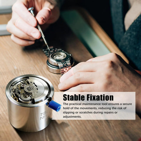 Person using Stainless Steel Watch Movement Holder With Fixed Jaw Non Adjustable Base For Automatic Watch Repair And Modding Pro Grade Tool Compatible With SKX007 7S26 7S36 NH35 NH36 4R36 on wooden table.