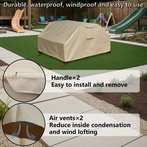 Kids Picnic Table Cover Weatherproof And Waterproof 40x40x21 Inches UV Resistant Shield installed on a sandbox with handles and air vents