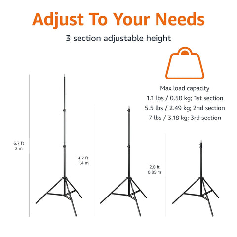 Portable Aluminum Photography Light Stand Set With Case, Adjustable 2.8-6.7 Feet, showing 3-section height adjustments.