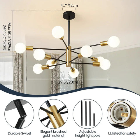 Sputnik Style Chandelier With Black And Gold Finish Sleek Dope Modern 10 Light Farmhouse Pendant Ceiling Light Fixture Height Adjustable Ideal For Kitchen Island Living Room Dining Room