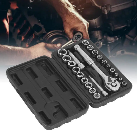 Pro Grade Hex Socket Wrench Set With 72 Tooth Quick Release Reversible Ratchet For Automotive Repair Garage Ready 20 Piece Vanadium Steel Tool Kit Includes Three Eighths And One Quarter Inch Sockets Extensions And Durable Case