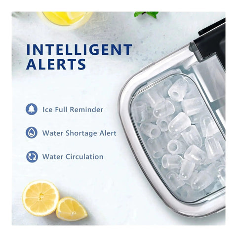 Slick Countertop Ice Maker That Whips Up Fast Six Minute Frozen Cubes While Dropping A Solid 25 Pounds Each Day Featuring Smooth Self Cleaning Tech with alerts for ice fullness and water shortage.