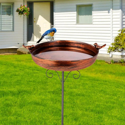 38 Inch Tall Outdoor Bird Bath On Stake With Detachable 11.2 Inch Basin, Vintage Copper Freestanding Birdbath in garden