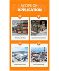 Scope of application for Portable Electric Forklift 4Way Mini Lift Truck showing warehouse, supermarket, factory, and port uses.