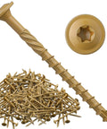 Massive 200 Pcs Lag Screws Set For Exterior Wood Construction Size 14 By 3 Inch With Torx Star Drive Heavy Duty Exterior Coated Yellow Finish Built For Tough Jobs Threlaco, showing screws and close-up of Torx head.