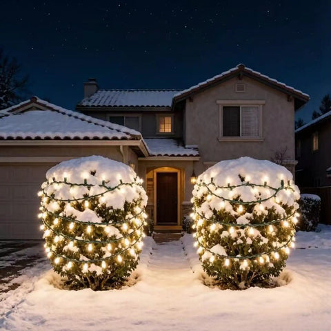 200 LED Warm White Christmas Lights on 66ft green wire illuminating snow-covered shrubs in front yard