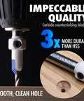 Pro Countersink Drill Bit Set With Carbide Tips For Woodworking Includes Sizes Four Six Eight Ten And Twelve Five Pieces High Speed Steel Construction Round Shank For Rotary Tools And Benchtop Drills showing installed bit creating clean hole in wood surface.